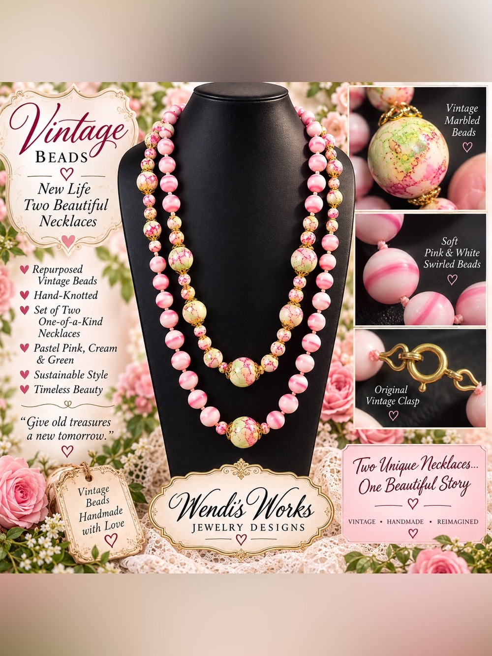 Upcycled Vintage Acrylic Bead Necklaces Set of 2 Hand-Knotted Pink Flor